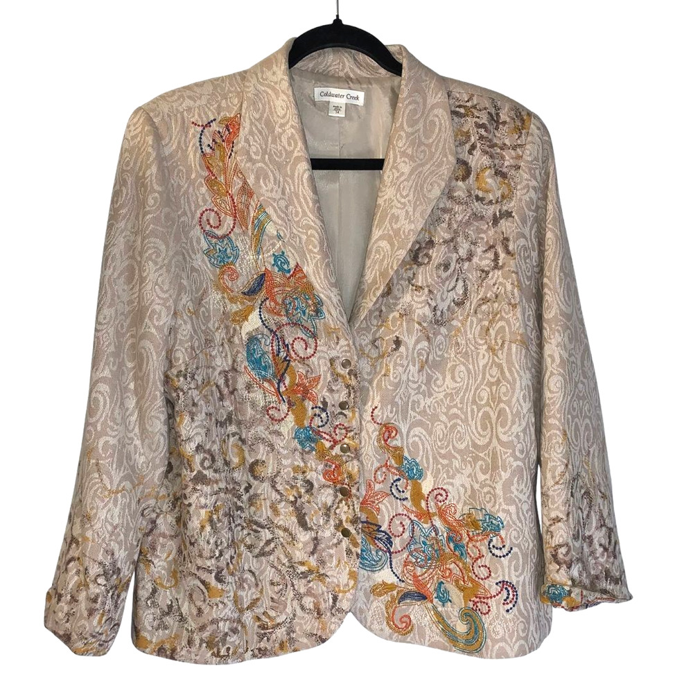 Coldwater Creek Womens Boho Embroidered Blazer Jacket Size 14 Beige Colorful Art